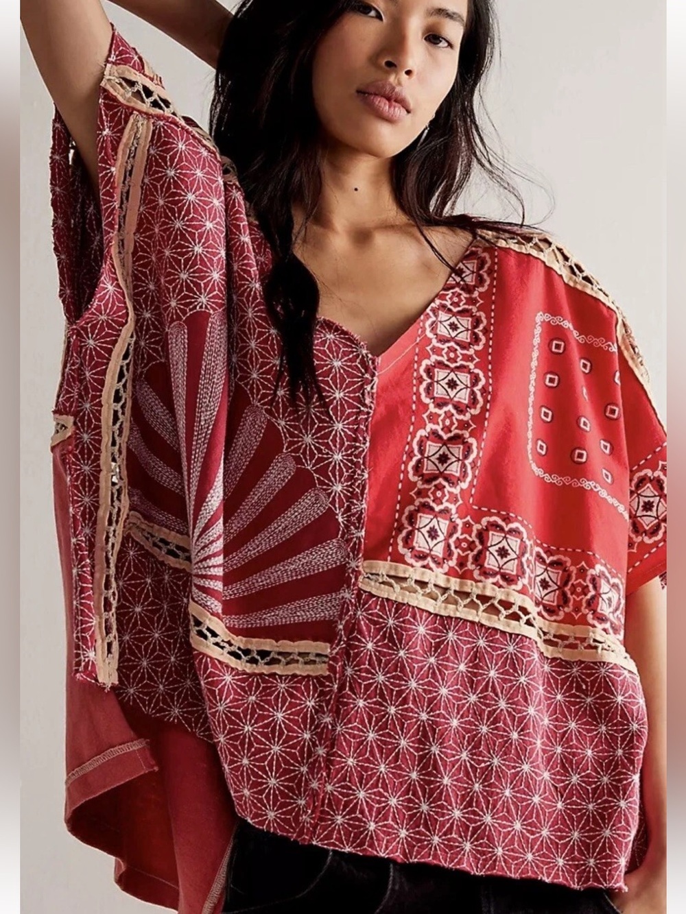 Free People We The Free Thunder Bird Tee Boho Patchwork Poncho Top M